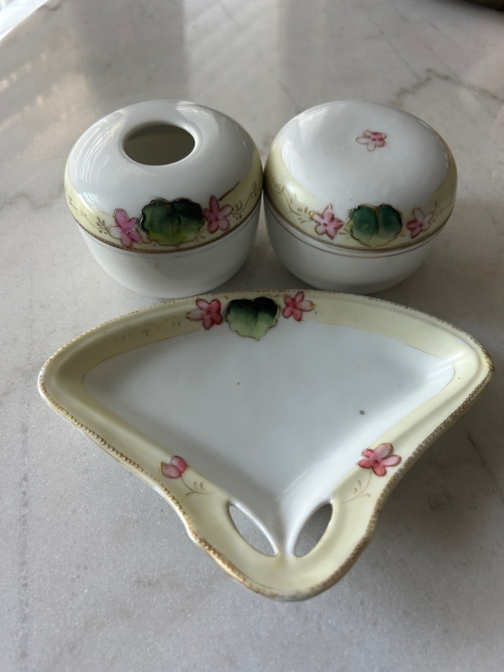 Antique Porcelain Hand Painted Nippon Vanity Set with Pink Floral